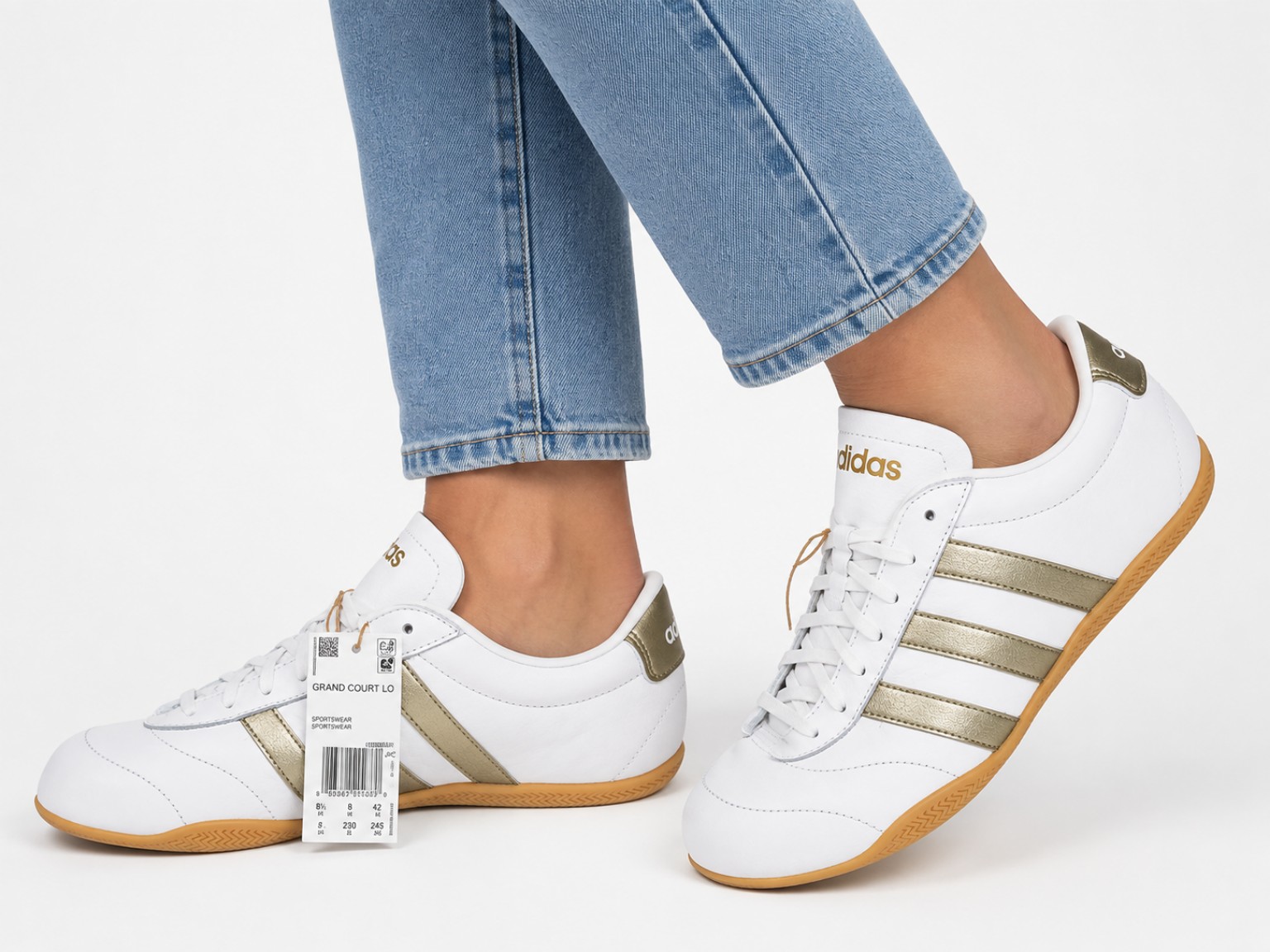 White and gold Adidas Grand Court LO shoes