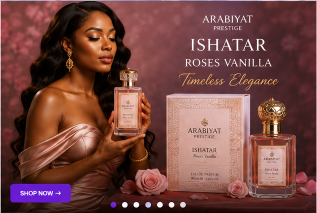 Arabiyat Prestige Ishatar Roses Vanilla perfume displayed by a model
